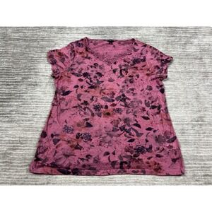 Hannah Top Womens Large Pink Shortsleeve Semi Sheer‎ Cotton Blend Crochet